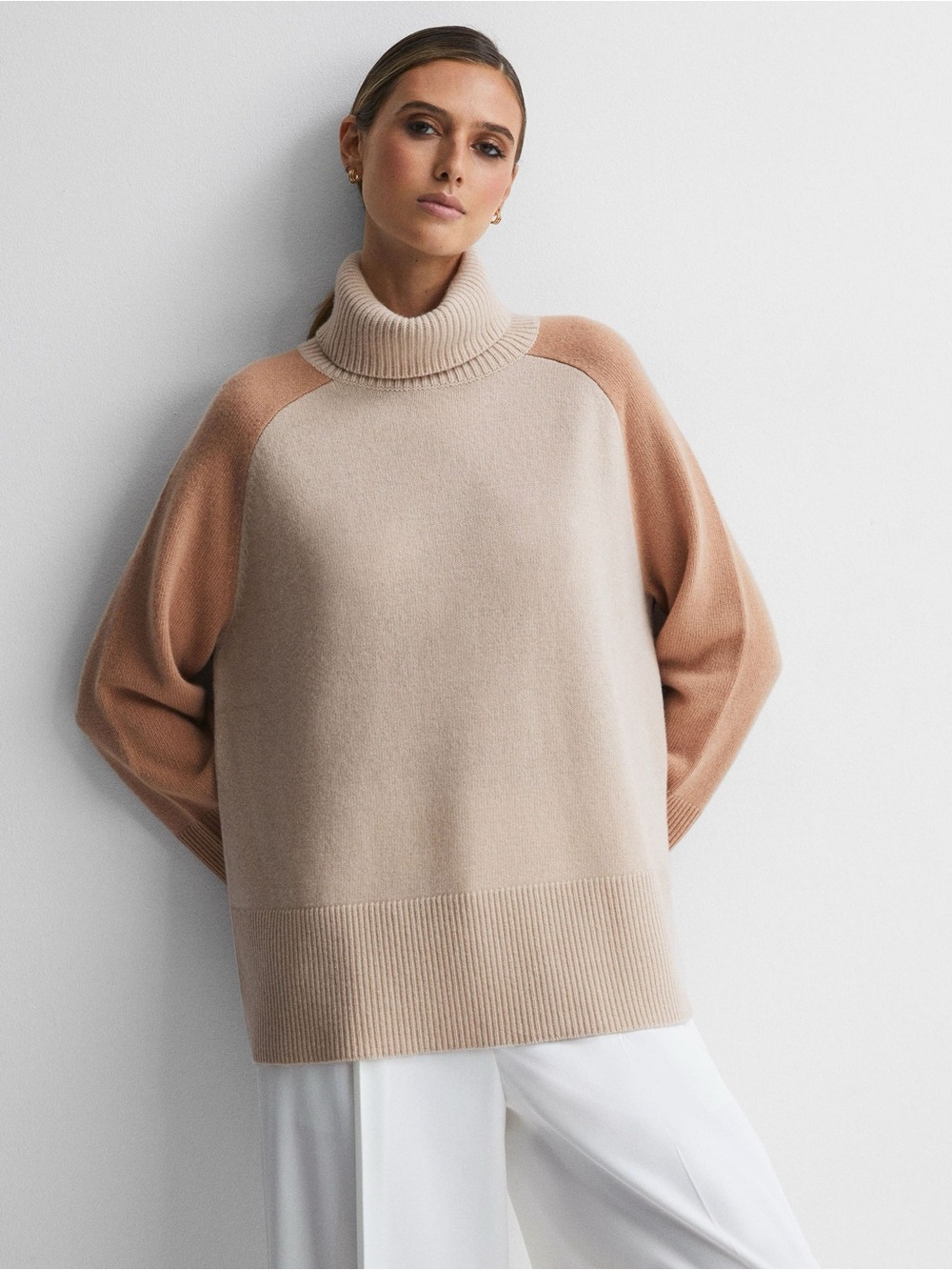 Reiss Edina Relaxed Wool-Cashmere Roll Neck Jumper sweater Camel/Charcoal L